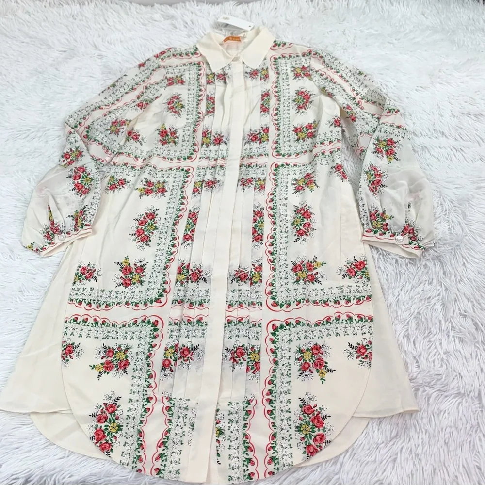 Tory Burch long sleeve‎ pleated garden veil floral silk shirt dress in cream